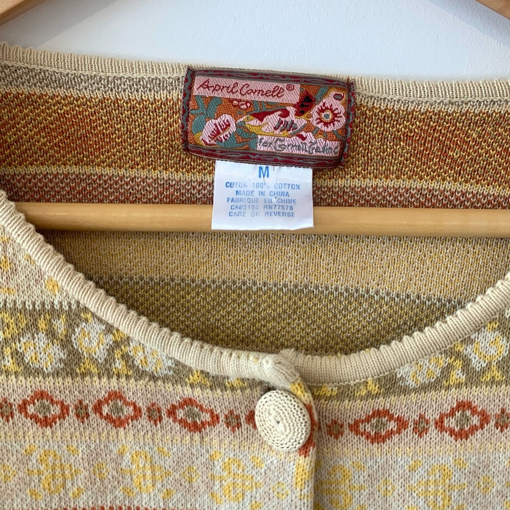 April Cornell Cream Yellow Olive Patterned Cropped Cardigan - Picture 2 of 4